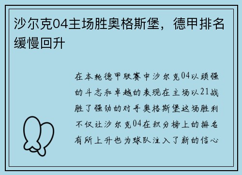 沙尔克04主场胜奥格斯堡，德甲排名缓慢回升